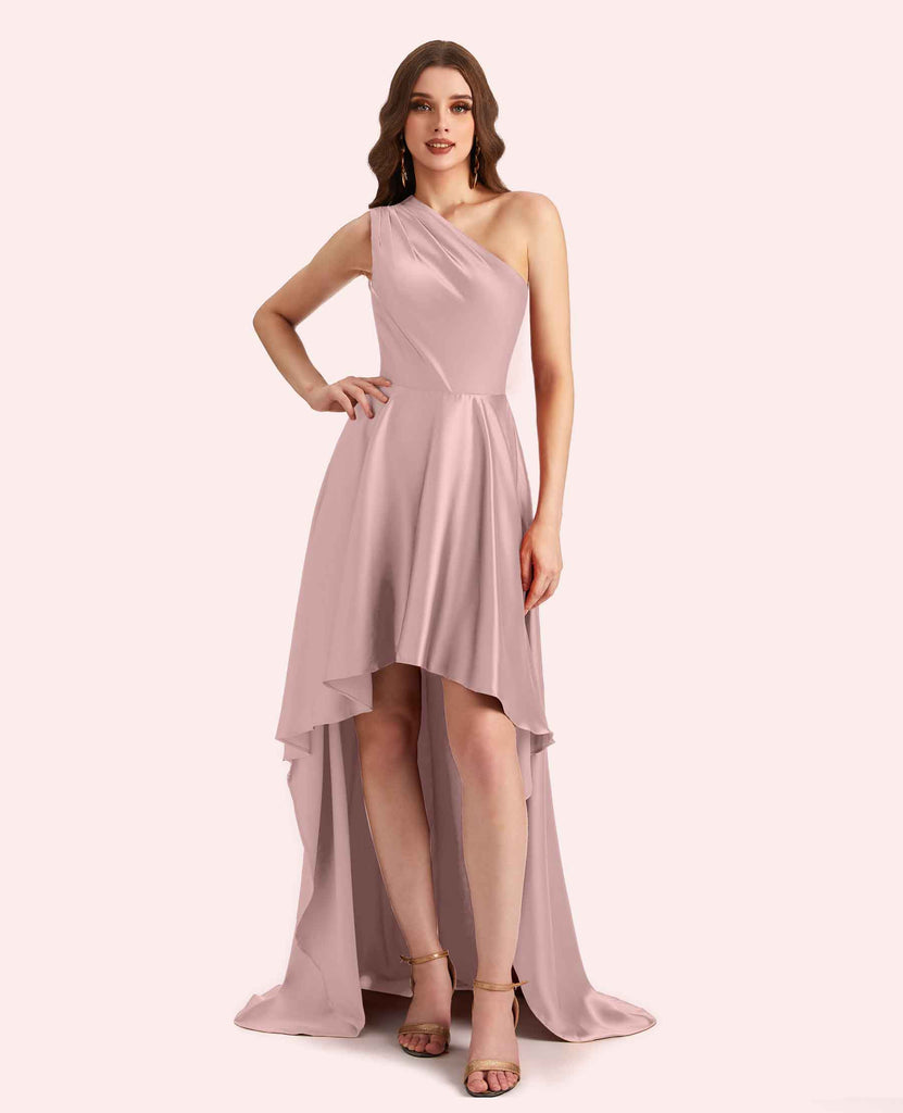 Sexy One Shoulder High Low Soft Satin Long Matron of Honor Dress For Wedding