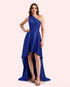 Sexy One Shoulder High Low Soft Satin Long Matron of Honor Dress For Wedding