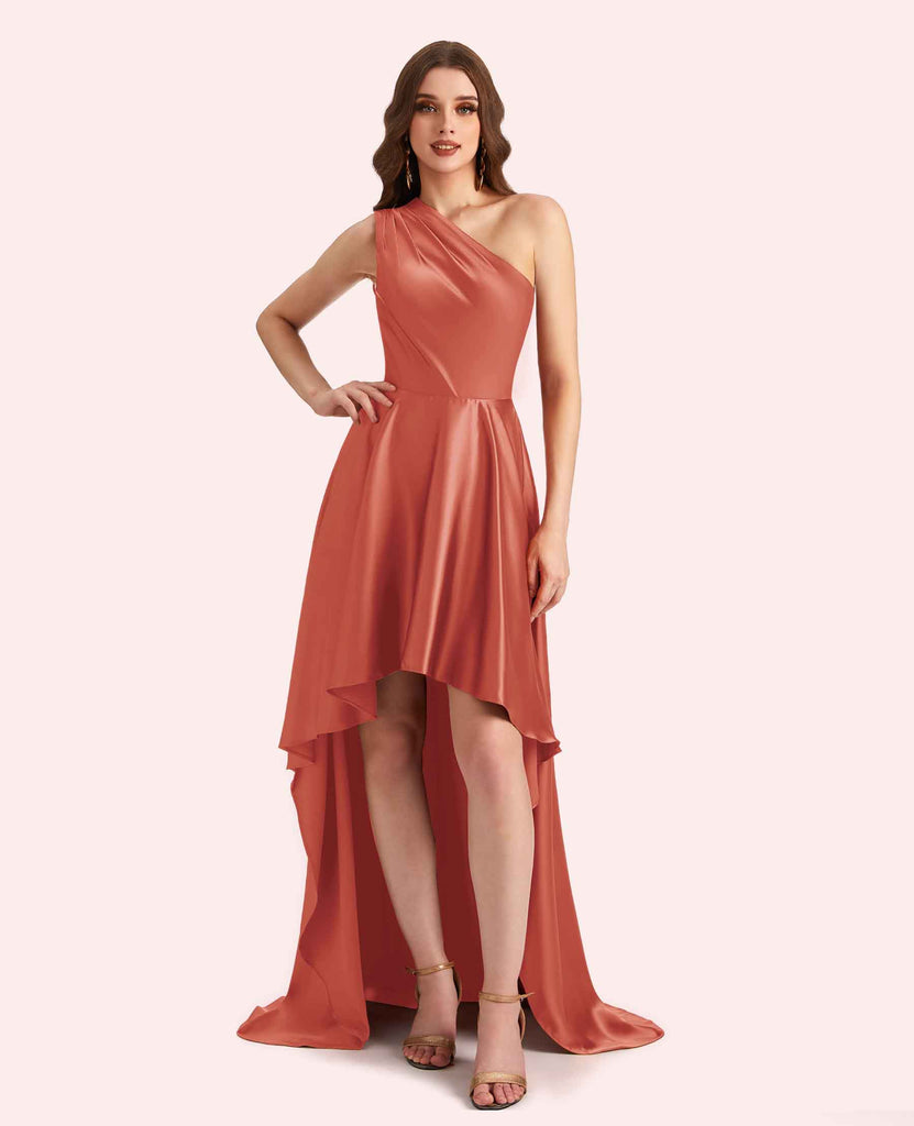 Sexy One Shoulder High Low Soft Satin Long Matron of Honor Dress For Wedding