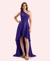Sexy One Shoulder High Low Soft Satin Long Matron of Honor Dress For Wedding