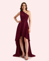 Sexy One Shoulder High Low Soft Satin Long Matron of Honor Dress For Wedding