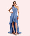 Sexy One Shoulder High Low Soft Satin Long Matron of Honor Dress For Wedding