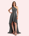 Sexy One Shoulder High Low Soft Satin Long Matron of Honor Dress For Wedding