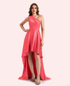 Sexy One Shoulder High Low Soft Satin Long Matron of Honor Dress For Wedding