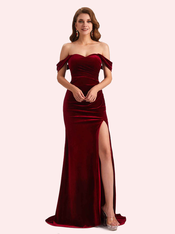 Elegant Off Shoulder Sleeveless Long Mermaid Velvet Bridesmaid Dresses Online