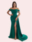 Elegant Mermaid Side Slit Off Shoulder Pleats Soft Satin Long Bridesmaid Dress for Wedding
