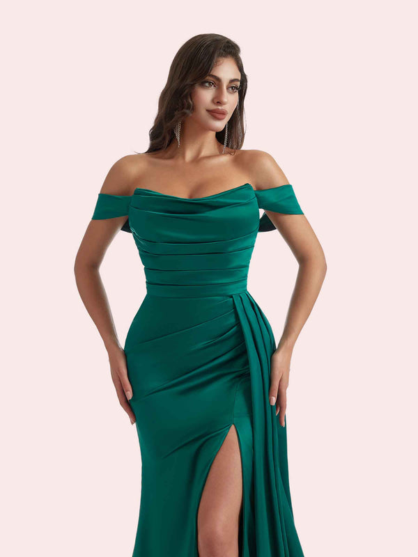 Elegant Mermaid Side Slit Off Shoulder Pleats Soft Satin Long Bridesmaid Dress for Wedding
