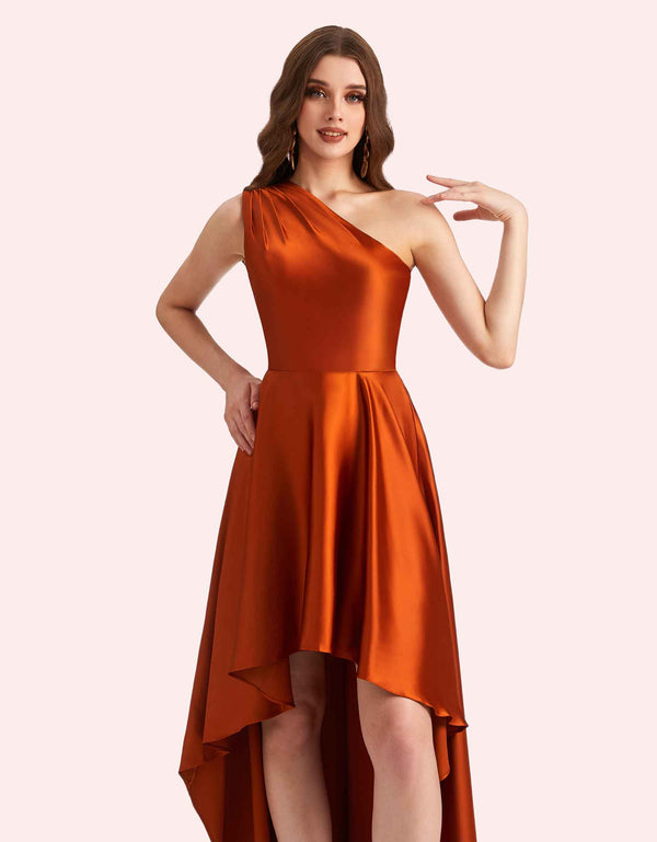 Sexy One Shoulder High Low Soft Satin Long Matron of Honor Dress For Wedding