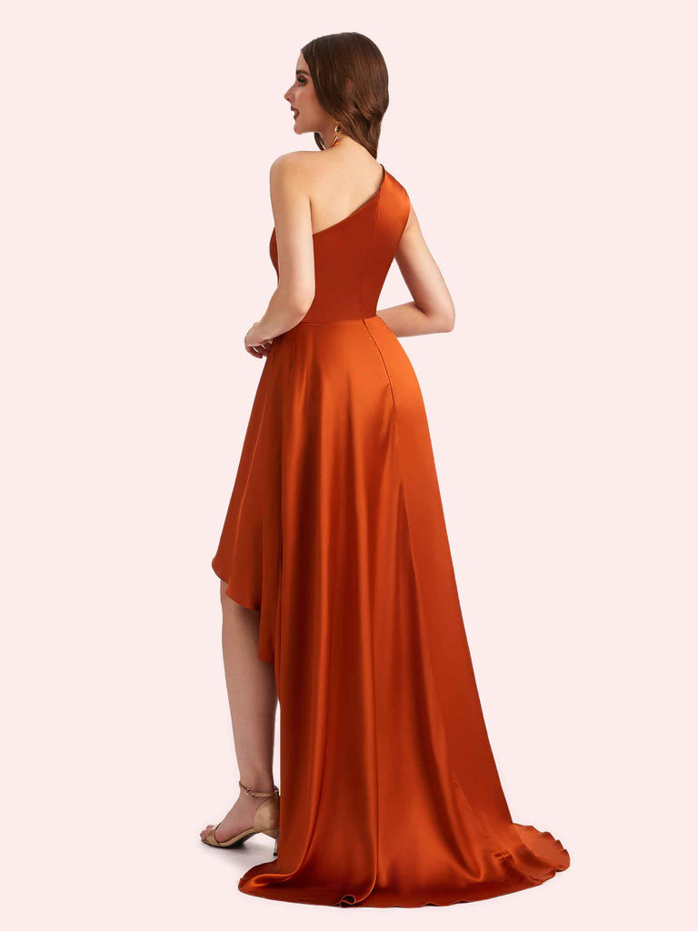 Sexy One Shoulder High Low Soft Satin Long Matron of Honor Dress For Wedding
