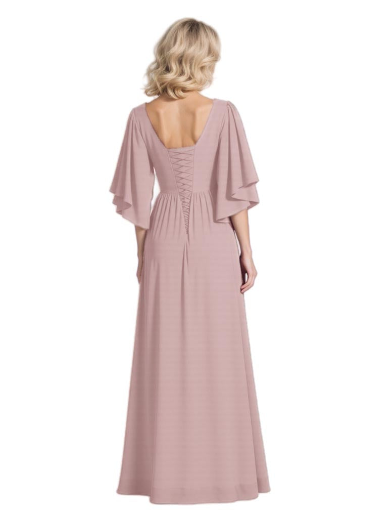 Elegant Half Sleeves Chiffon Side Slit A-Line Mother Of The Bride Dresses