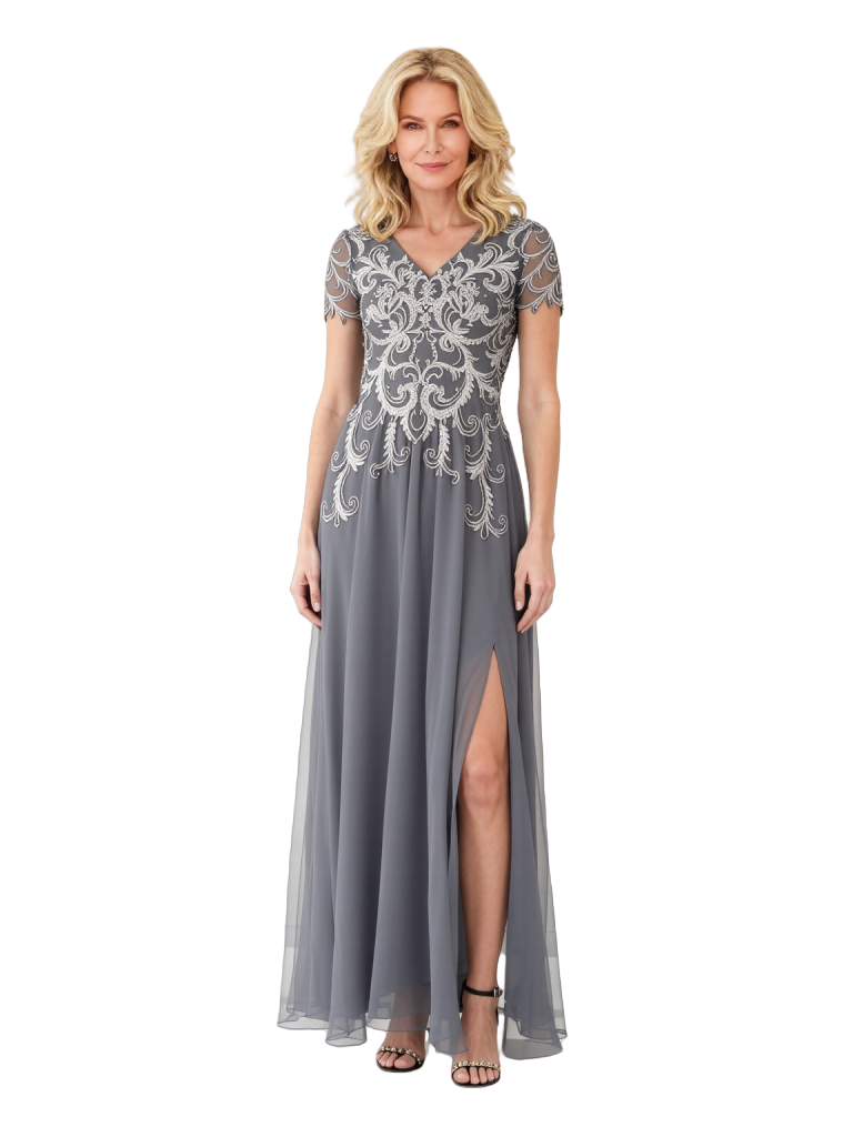 grandmother of the bride dress Elegant A-Line Lace Short Sleeves Chiffon Long Grandmother Of The Bride Dresses Side Slit
