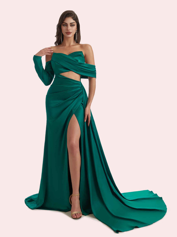 Elegant Mermaid V-neck Side Slit Off Shoulder Sleeve Soft Satin Long Bridesmaid Dress for Wedding