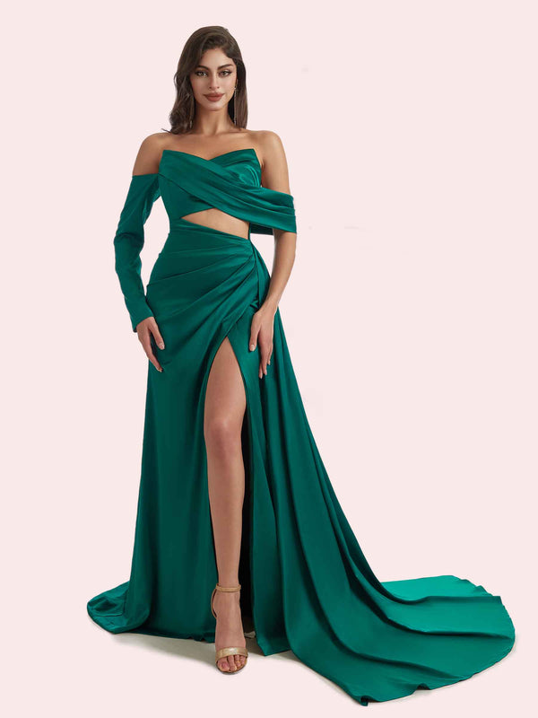 Elegant Mermaid V-neck Side Slit Off Shoulder Sleeve Soft Satin Long Bridesmaid Dress for Wedding