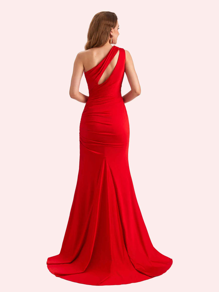 Sexy One Shoulder Side Slit Stretch Jersey Long Mermaid Bridesmaid Dresses Online