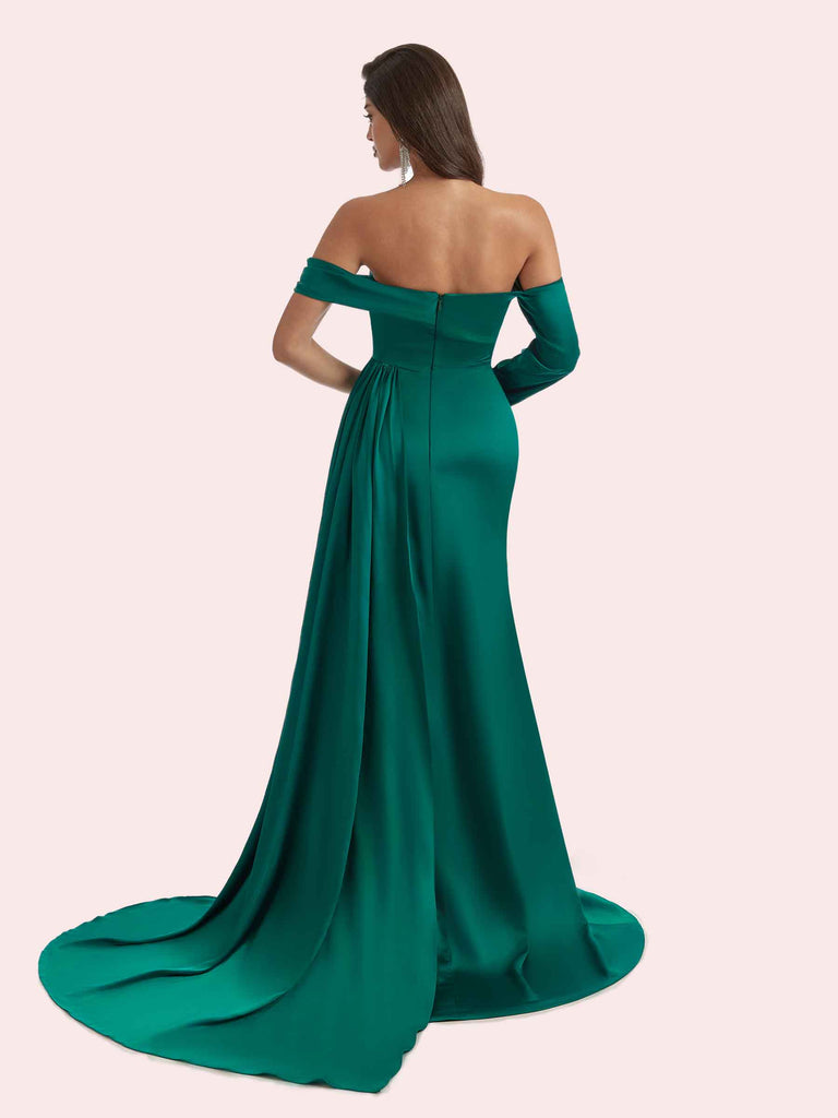 Elegant Mermaid V-neck Side Slit Off Shoulder Sleeve Soft Satin Long Bridesmaid Dress for Wedding Elegant Mermaid V-neck Side Slit Off Shoulder Sleeve Soft Satin Long Bridesmaid Dress for Wedding