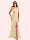 Simple One Shoulder Mermaid Side Slit Soft Satin Long Matron of Honor Dress For Wedding