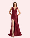 Sexy Spaghetti Straps Mermaid Side Slit Soft Satin Long Matron of Honor Dress For Wedding