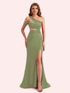 Simple One Shoulder Mermaid Side Slit Soft Satin Long Matron of Honor Dress For Wedding