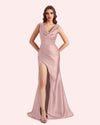 Sexy Spaghetti Straps Mermaid Side Slit Soft Satin Long Matron of Honor Dress For Wedding