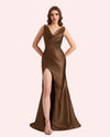 Sexy Spaghetti Straps Mermaid Side Slit Soft Satin Long Matron of Honor Dress For Wedding