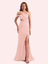 Simple One Shoulder Mermaid Side Slit Soft Satin Long Matron of Honor Dress For Wedding