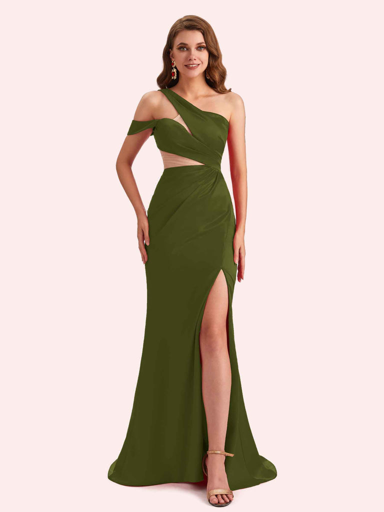 Simple One Shoulder Mermaid Side Slit Soft Satin Long Matron of Honor Dress For Wedding