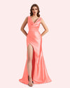 Sexy Spaghetti Straps Mermaid Side Slit Soft Satin Long Matron of Honor Dress For Wedding