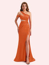 Simple One Shoulder Mermaid Side Slit Soft Satin Long Matron of Honor Dress For Wedding