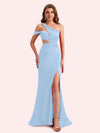 Simple One Shoulder Mermaid Side Slit Soft Satin Long Matron of Honor Dress For Wedding