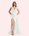 Sexy Spaghetti Straps Mermaid Side Slit Soft Satin Long Matron of Honor Dress For Wedding