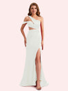 Simple One Shoulder Mermaid Side Slit Soft Satin Long Matron of Honor Dress For Wedding