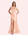 Sexy Spaghetti Straps Mermaid Side Slit Soft Satin Long Matron of Honor Dress For Wedding