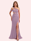 Simple One Shoulder Mermaid Side Slit Soft Satin Long Matron of Honor Dress For Wedding