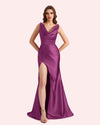Sexy Spaghetti Straps Mermaid Side Slit Soft Satin Long Matron of Honor Dress For Wedding