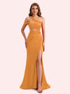 Simple One Shoulder Mermaid Side Slit Soft Satin Long Matron of Honor Dress For Wedding