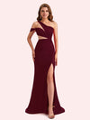 Simple One Shoulder Mermaid Side Slit Soft Satin Long Matron of Honor Dress For Wedding