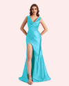 Sexy Spaghetti Straps Mermaid Side Slit Soft Satin Long Matron of Honor Dress For Wedding