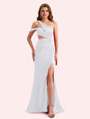 Simple One Shoulder Mermaid Side Slit Soft Satin Long Matron of Honor Dress For Wedding