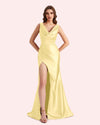 Sexy Spaghetti Straps Mermaid Side Slit Soft Satin Long Matron of Honor Dress For Wedding