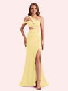 Simple One Shoulder Mermaid Side Slit Soft Satin Long Matron of Honor Dress For Wedding