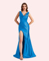 Sexy Spaghetti Straps Mermaid Side Slit Soft Satin Long Matron of Honor Dress For Wedding