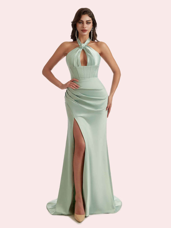 Elegant Mermaid Halter Side Slit Pleats Soft Satin Long Bridesmaid Dress for Wedding