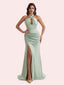 Elegant Mermaid Halter Side Slit Pleats Soft Satin Long Bridesmaid Dress for Wedding