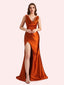 Sexy Spaghetti Straps Mermaid Side Slit Soft Satin Long Matron of Honor Dress For Wedding