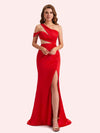 Simple One Shoulder Mermaid Side Slit Soft Satin Long Matron of Honor Dress For Wedding