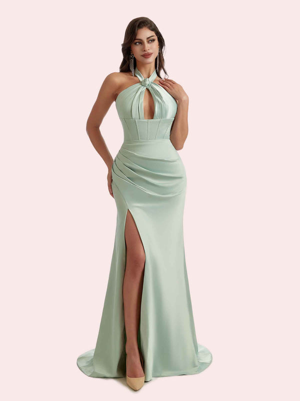 Elegant Mermaid Halter Side Slit Pleats Soft Satin Long Bridesmaid Dress for Wedding