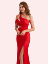 Simple One Shoulder Mermaid Side Slit Soft Satin Long Matron of Honor Dress For Wedding