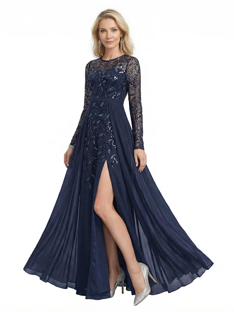 Modern Illusion Long Sleeves Lace Chiffon Mother Of The Bride Dresses Side Slit A-Line