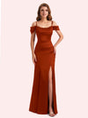 Simple Off Shoulder Spaghetti Straps Mermaid Side Slit Soft Satin Long Matron of Honor Dress For Wedding