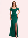 Simple Off Shoulder Spaghetti Straps Mermaid Side Slit Soft Satin Long Matron of Honor Dress For Wedding